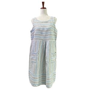 J.Jill Love Linen Dress Medium Blue Striped Lagenlook Midi Cottagecore Scoopneck
